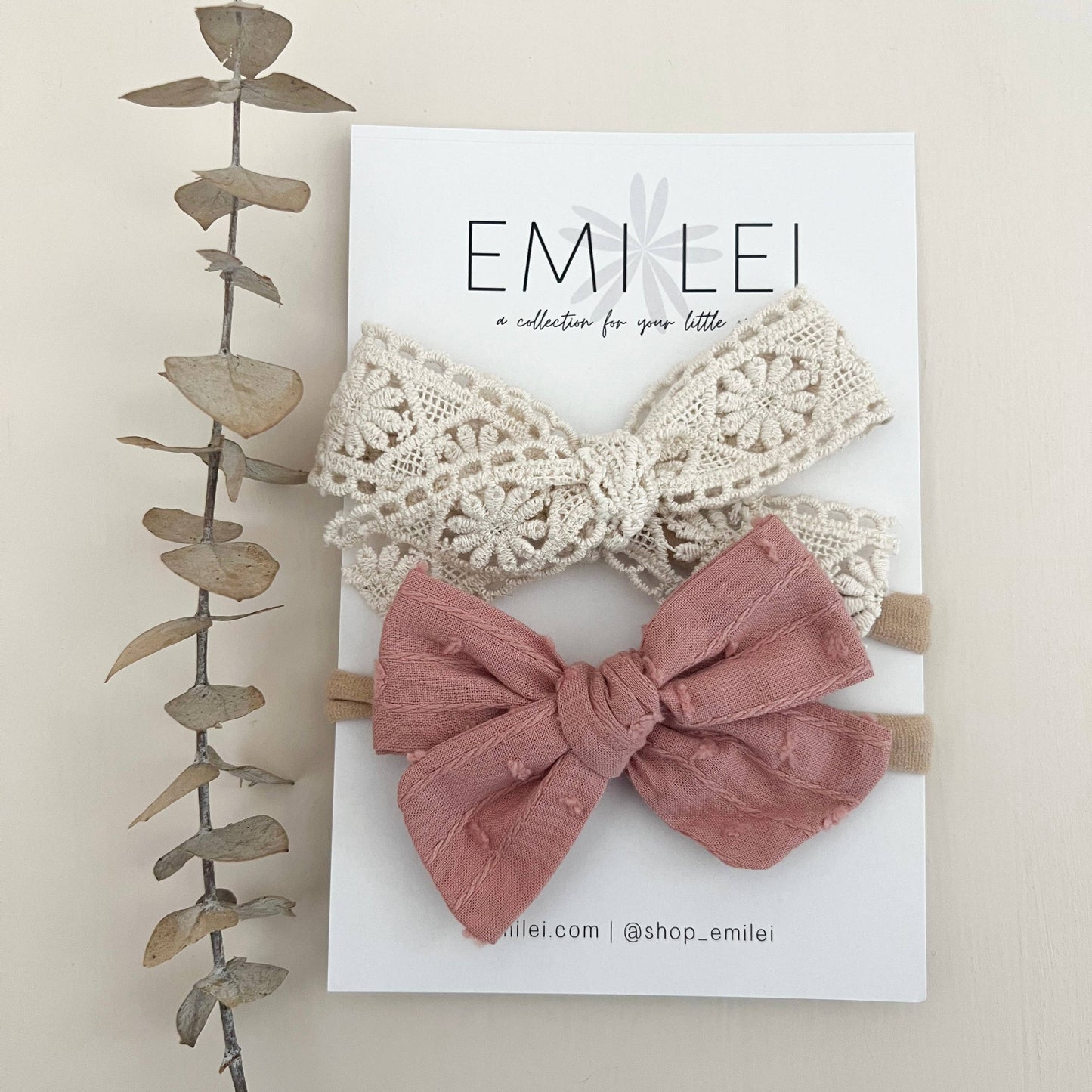 Nylon Stretchy Bow Headband Set - Cream Lace/Pink