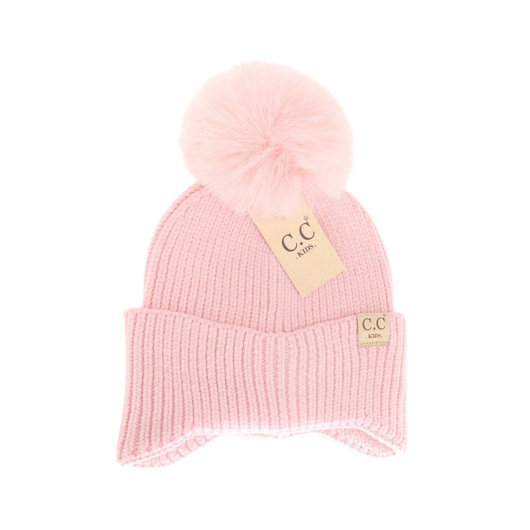 KIDS C.C Double Pom Beanie with Ear Flaps: NEW-Ice Blue