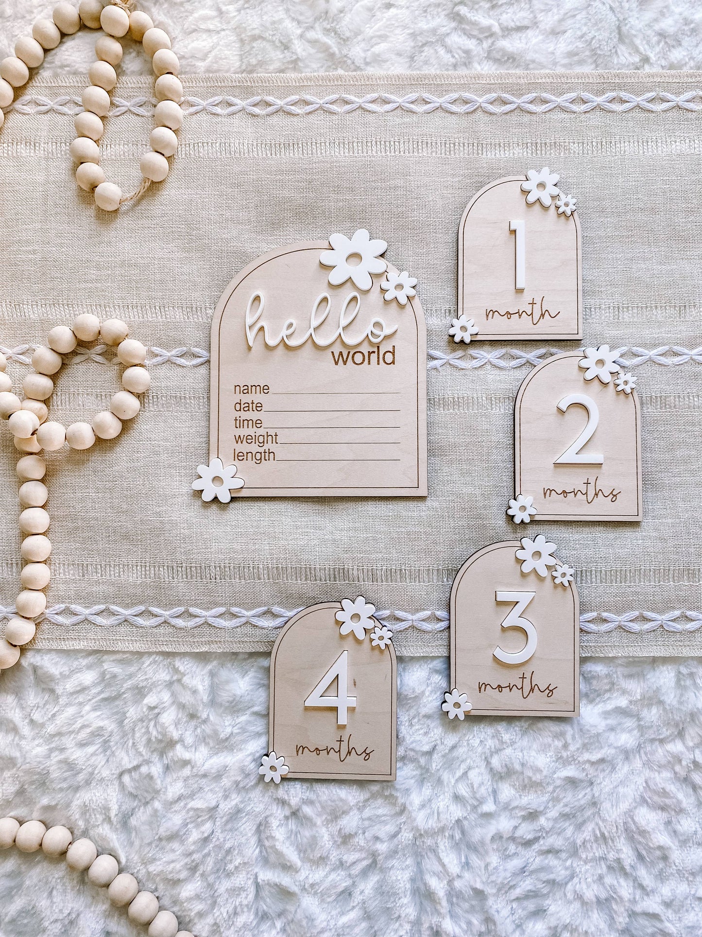 Wooden Monthly Milestone Set - Daisy: 12 Months + Hello World (13 pc) / Ivory