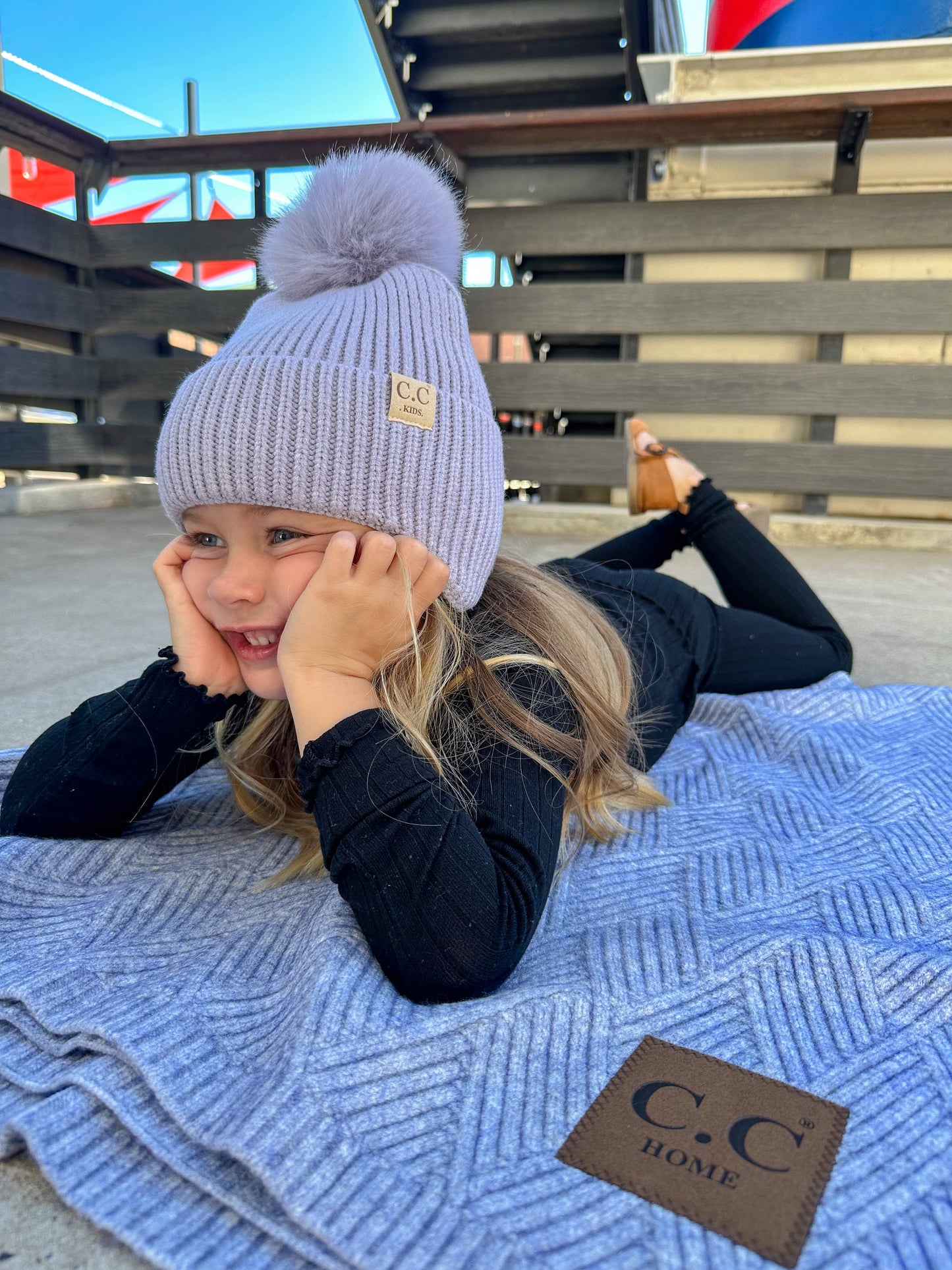 KIDS C.C Double Pom Beanie with Ear Flaps: NEW-Ice Blue