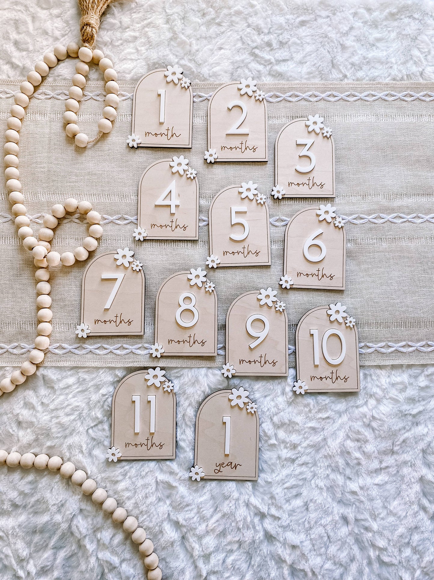 Wooden Monthly Milestone Set - Daisy: 12 Months + Hello World (13 pc) / Ivory