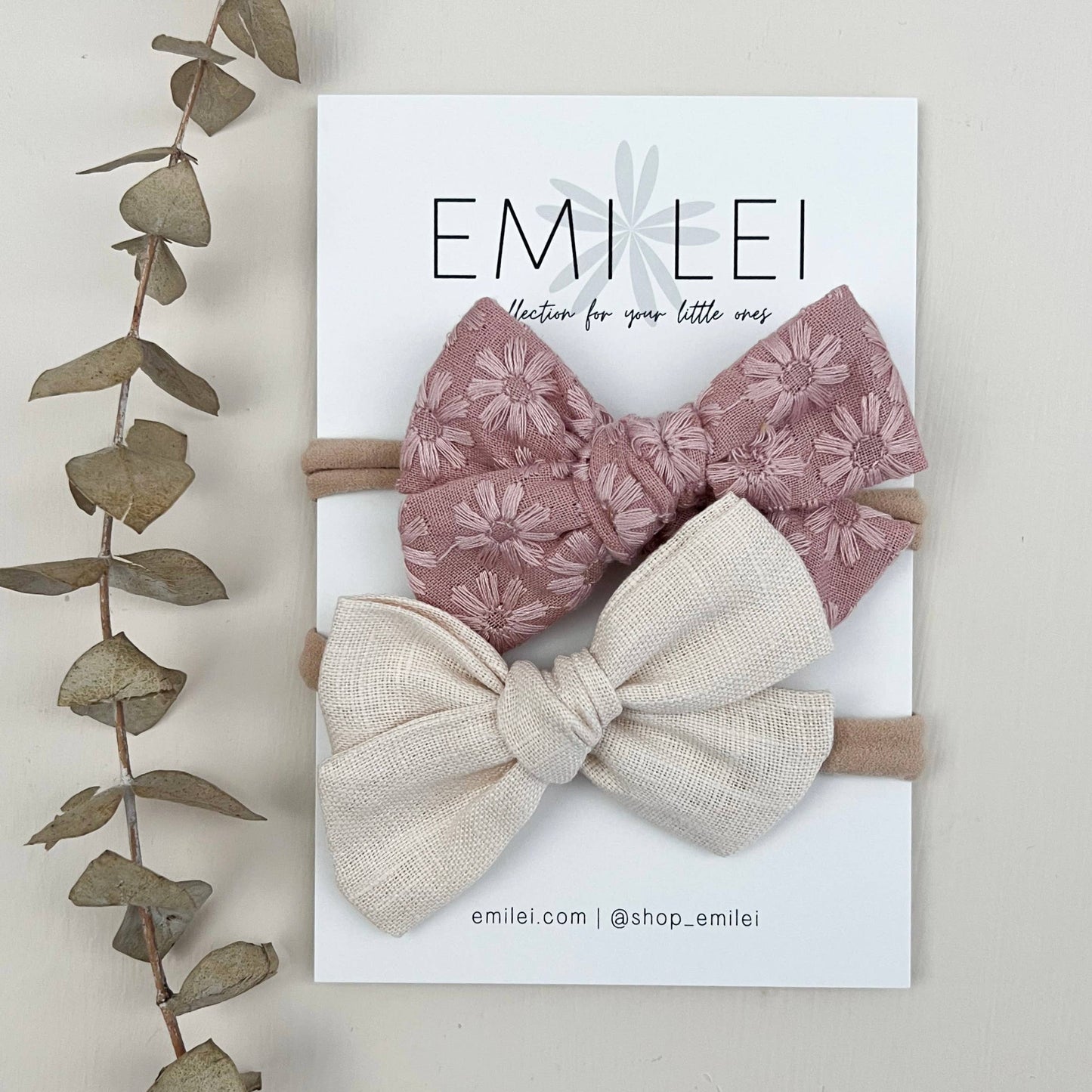 Nylon Stretchy Bow Headband Set - Embroidered Blush/Ivory