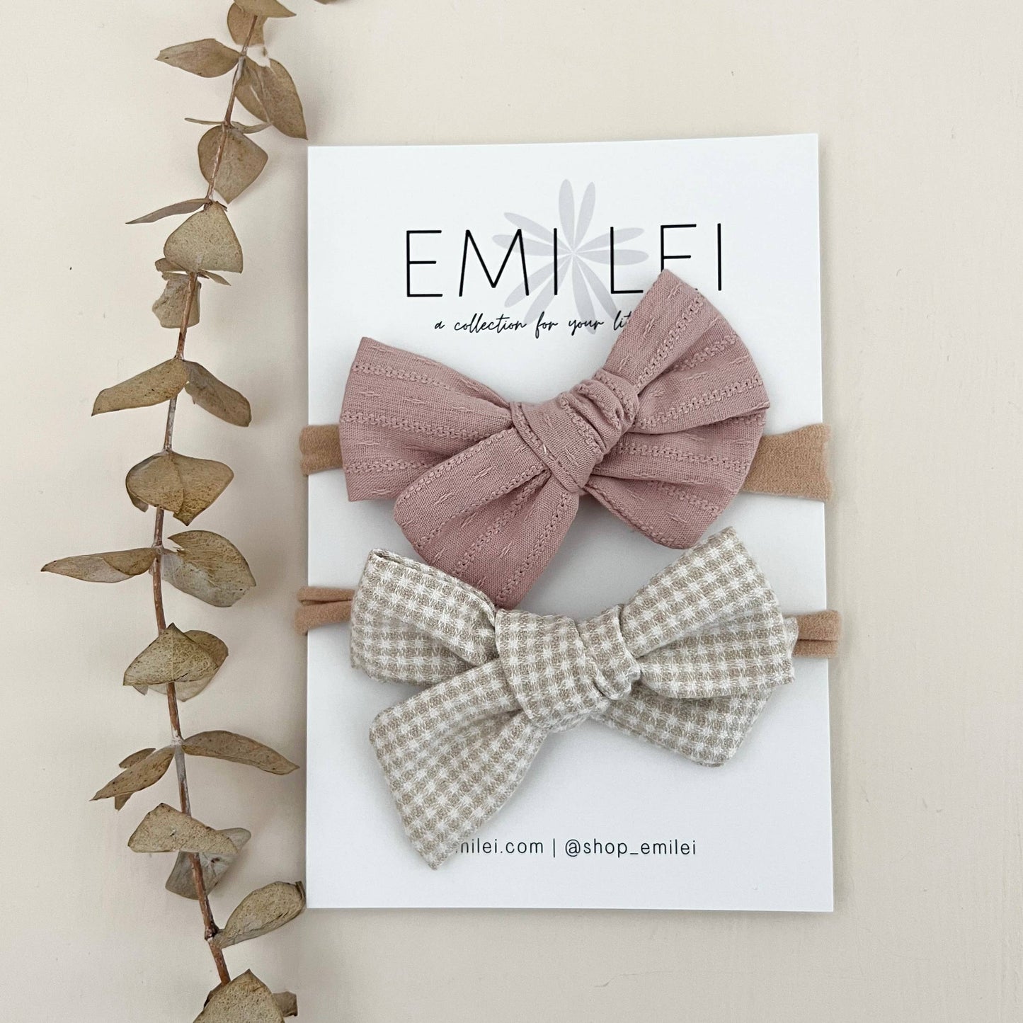 Nylon Stretchy Bow Headband Set - Textured Mauve & Mini Chk