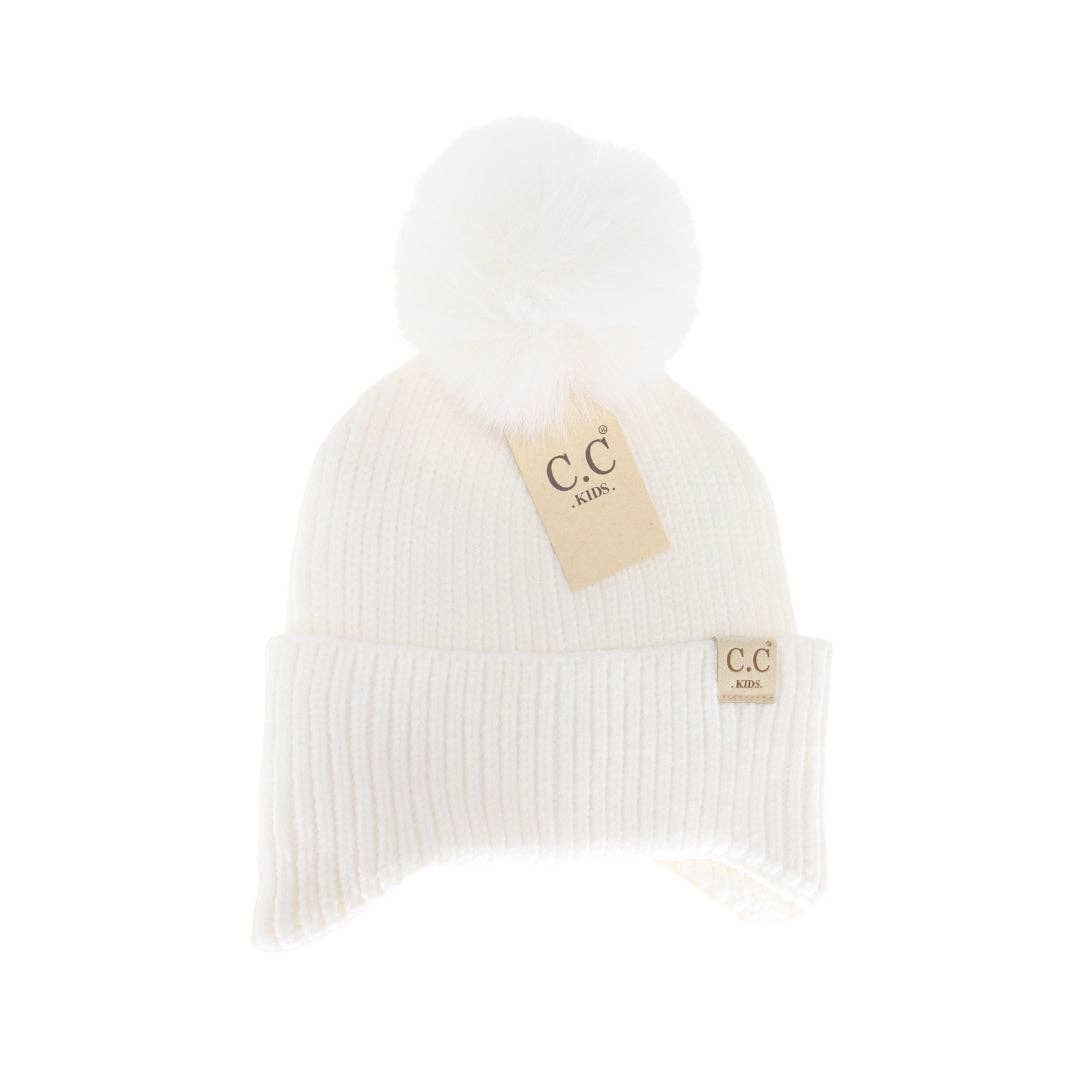 KIDS C.C Double Pom Beanie with Ear Flaps: NEW-Ice Blue