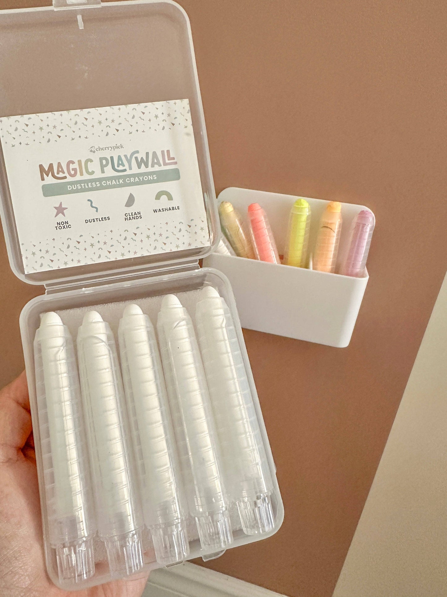 Dustless Chalk Crayons + Magnetic Holder Bundle for Magic Playwall: White