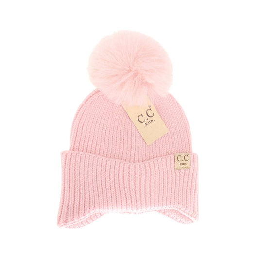 KIDS C.C Double Pom Beanie with Ear Flaps: Pink