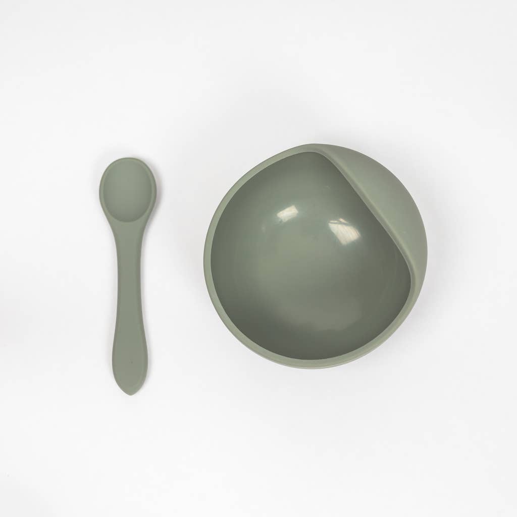 Sage Green Silicone Suction Bowl and Spoon Set