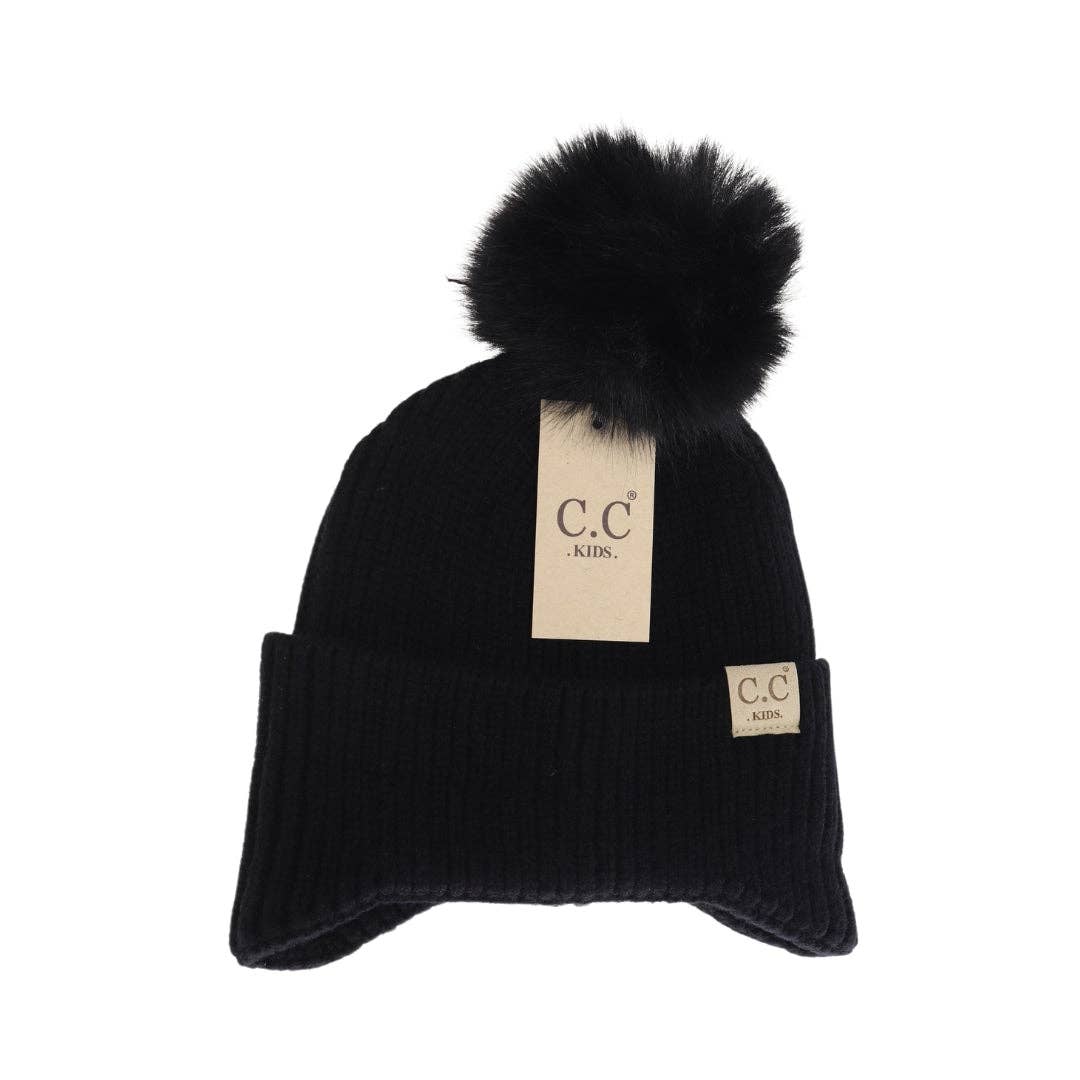 KIDS C.C Double Pom Beanie with Ear Flaps: Pink