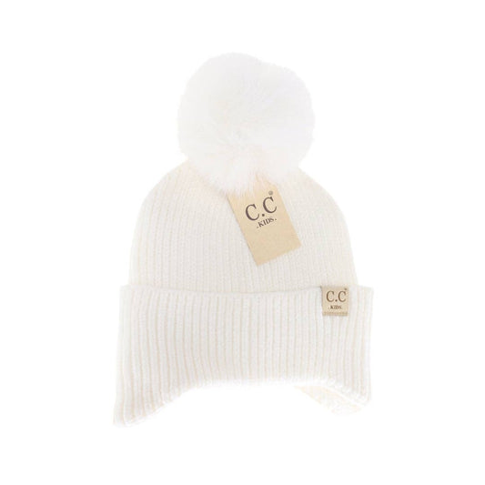 KIDS C.C Double Pom Beanie with Ear Flaps: Ivory