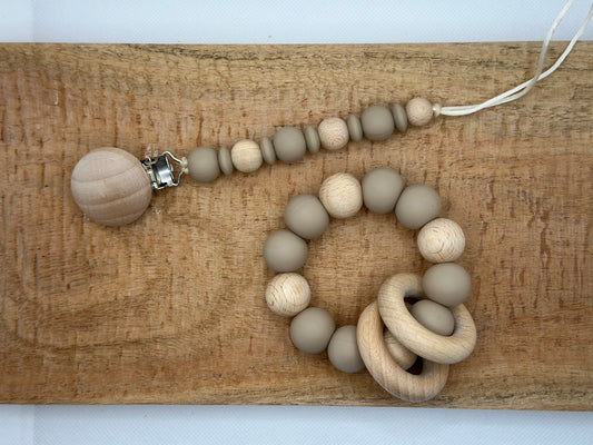 Pacifier Clip , Teether & Set - Cappuccino